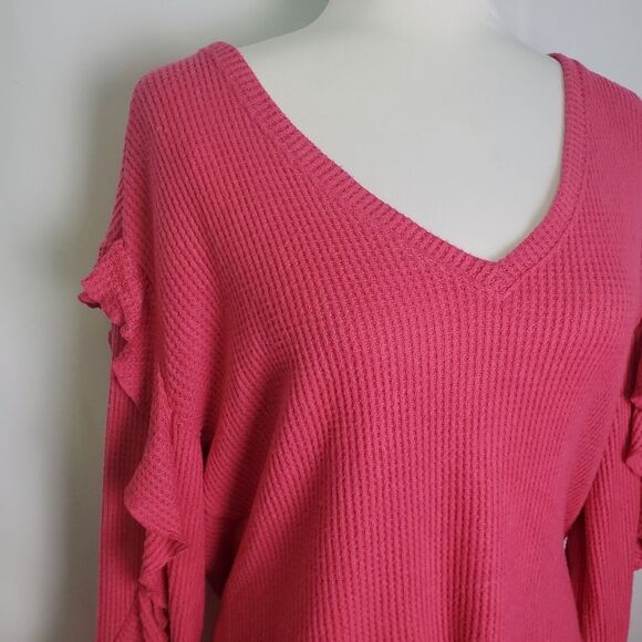 Anthropologie Pilcro Ruffle Sleeve Waffle Knit Sweater Size Medium - Picture 3 of 8